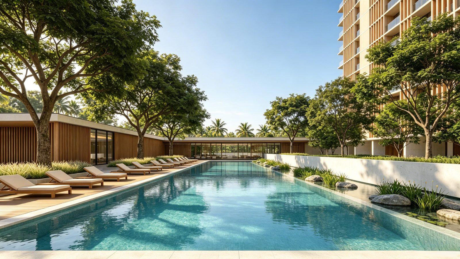 Solano Grand swimming pool deck with lounge chairs
