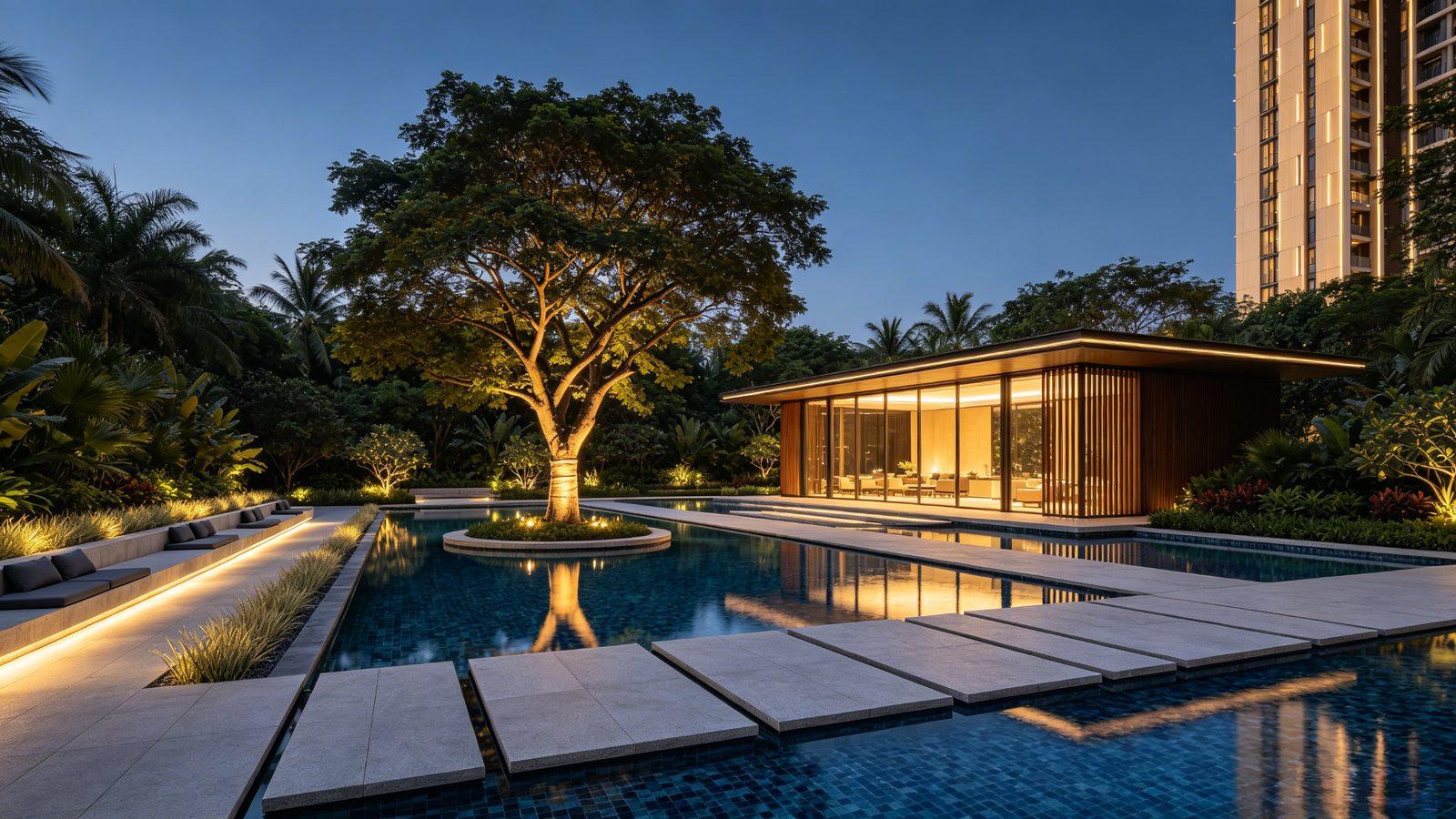 Solano Grand pool twilight with feature tree